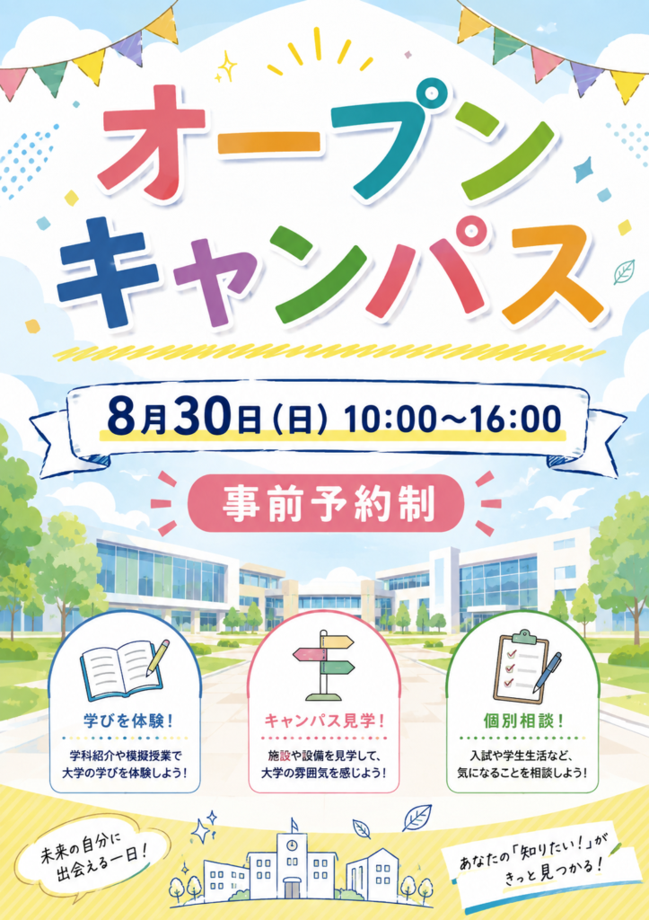 ChatGPT Imagesで生成したA4縦のオープンキャンパス告知画像