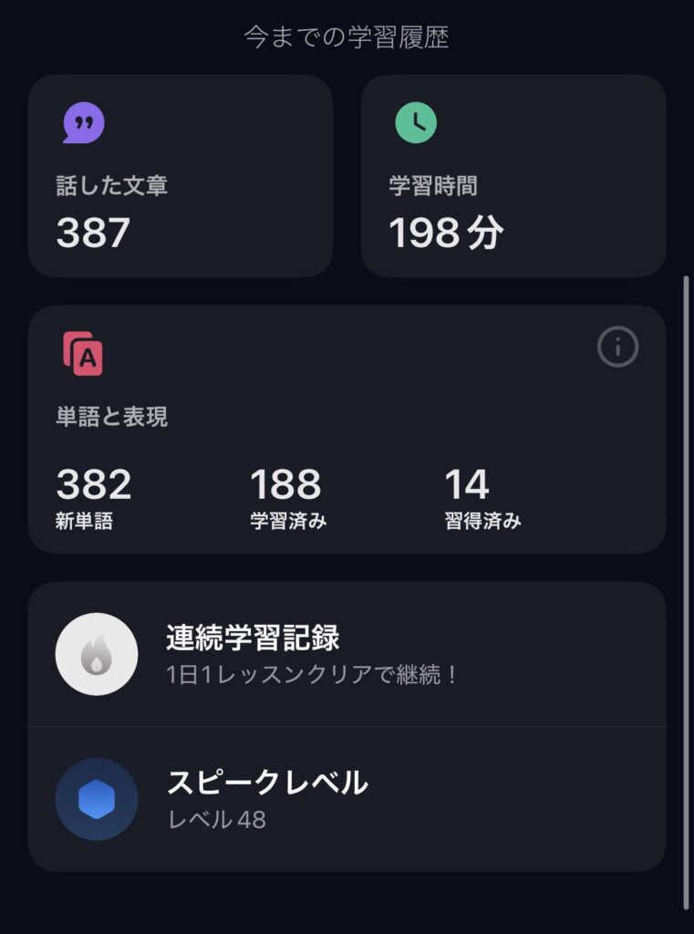 スピークの学習履歴に表示された学習時間と発話数