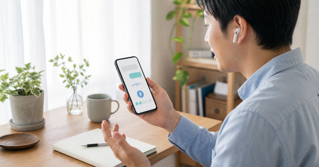 スマートフォンを使ってAI英会話を学習しているイメージ