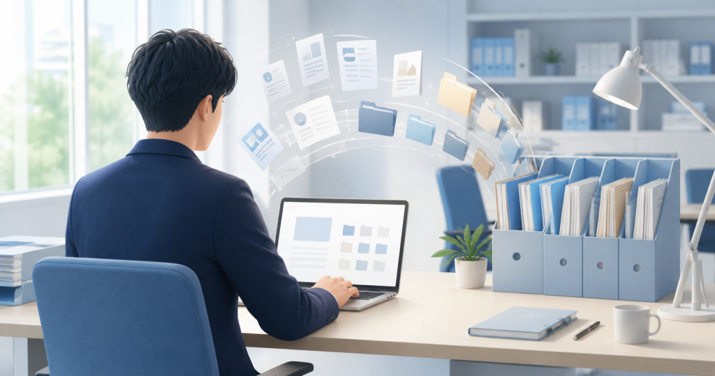 Claude Coworkでファイル整理を自動化する大学職員のイメージ
