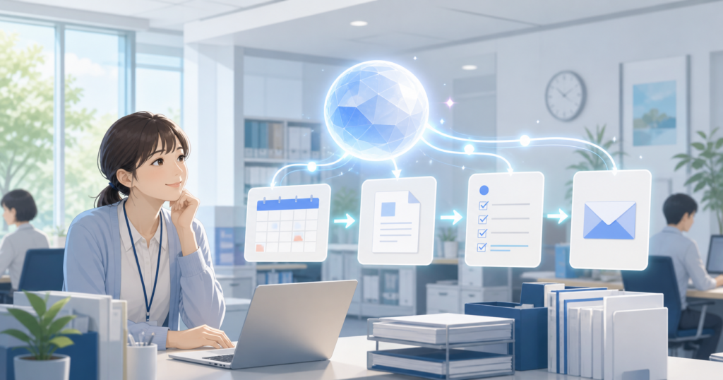 Gemini Gemで定型業務を自動化する大学職員のイメージ