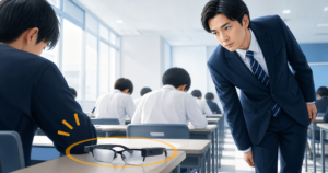 大学入試会場でスマートグラスを確認する試験監督のイメージ