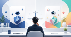 2つの個人向けAIプランを比較する事務職員のイメージ