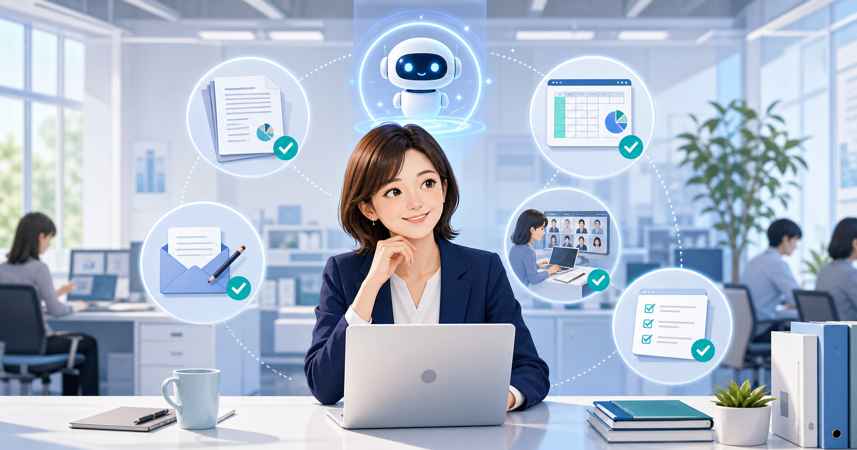 大学事務でAIを安全に活用する職員のイメージ