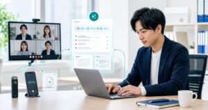 複数のWeb会議や音声ファイルを一つのAIワークスペースに集約する事務職のイメージ