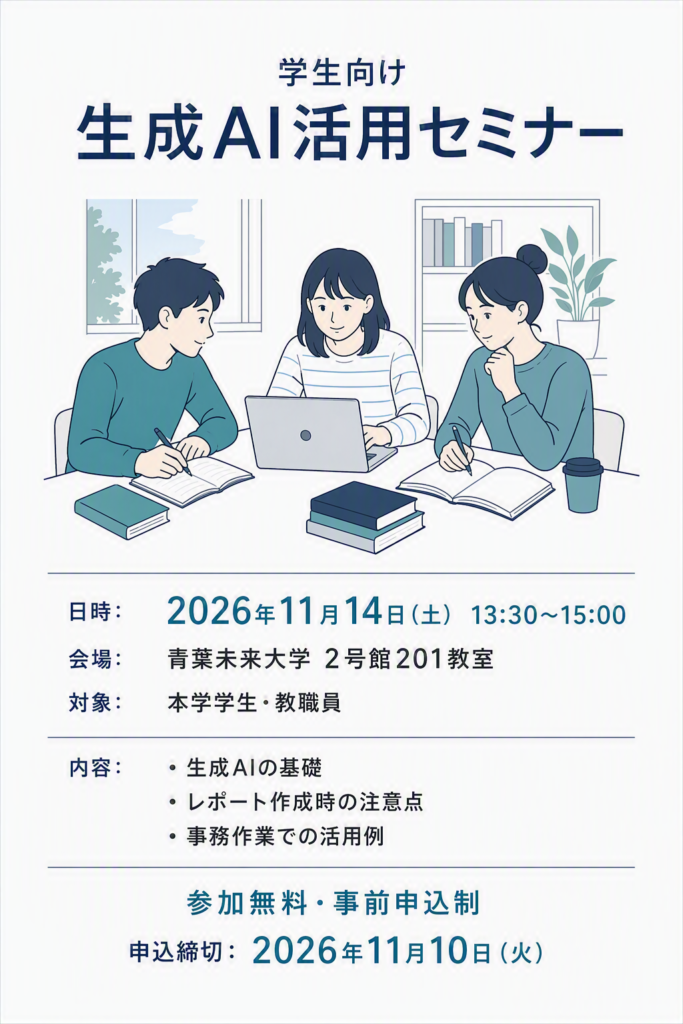 Copilotでデザイン指定して生成したセミナーポスター②。学生3人のイラストと強弱を付けた文字