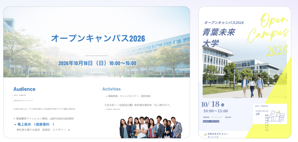 CanvaのAIデザイン生成によるオープンキャンパス告知チラシの候補③と④